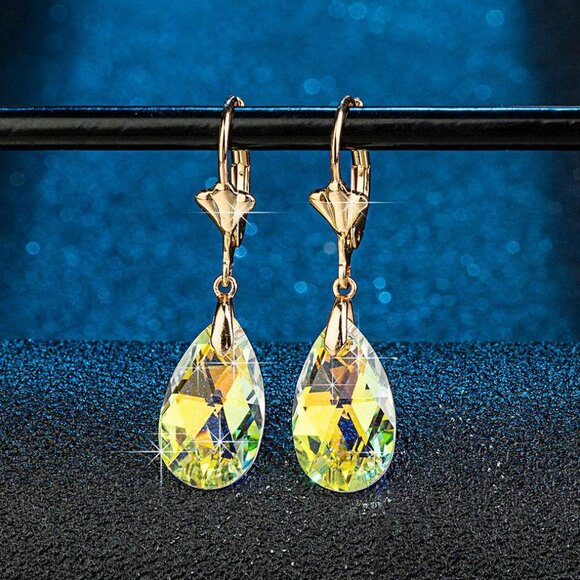Austrian Crystal Teardrop Leverback Dangle Earrings for Women Fashion 14K Gold P - Picture 3 of 7